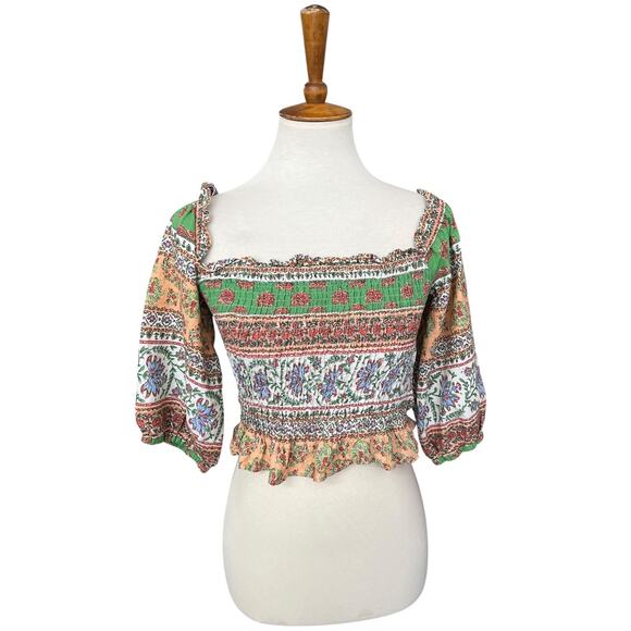 Zara Linen Blend Bishop Sleeve Smocked Off Shoulder RuffleCrop Top Size Large - Picture 2 of 9